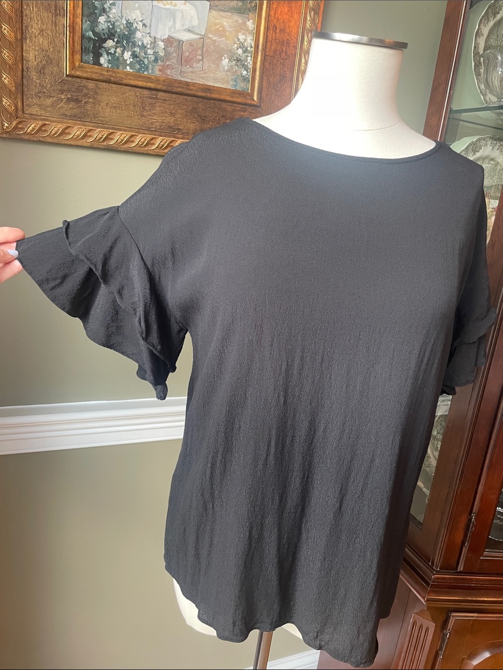Mustard Seed Black Ruffle Sleeve Women's Blouse Size Large